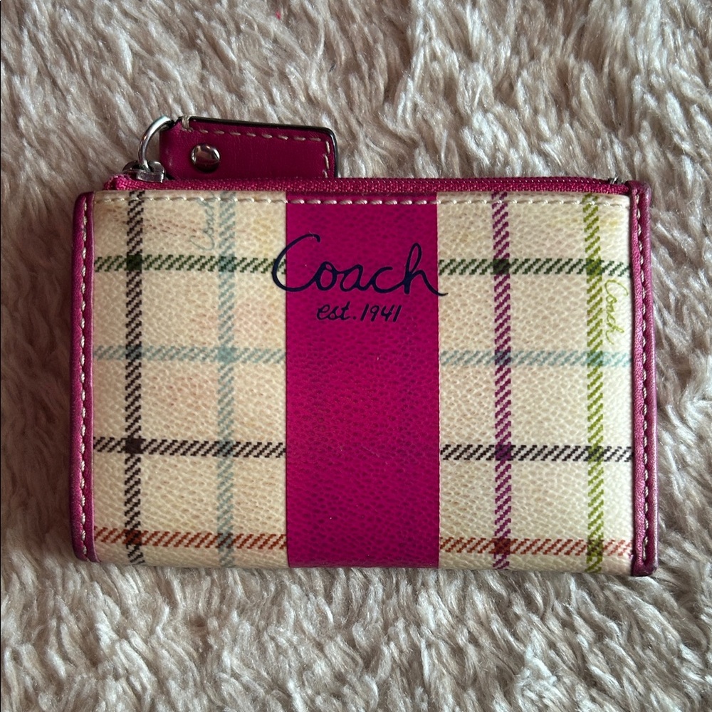 Coach Pink Plaid Zip Card Holder